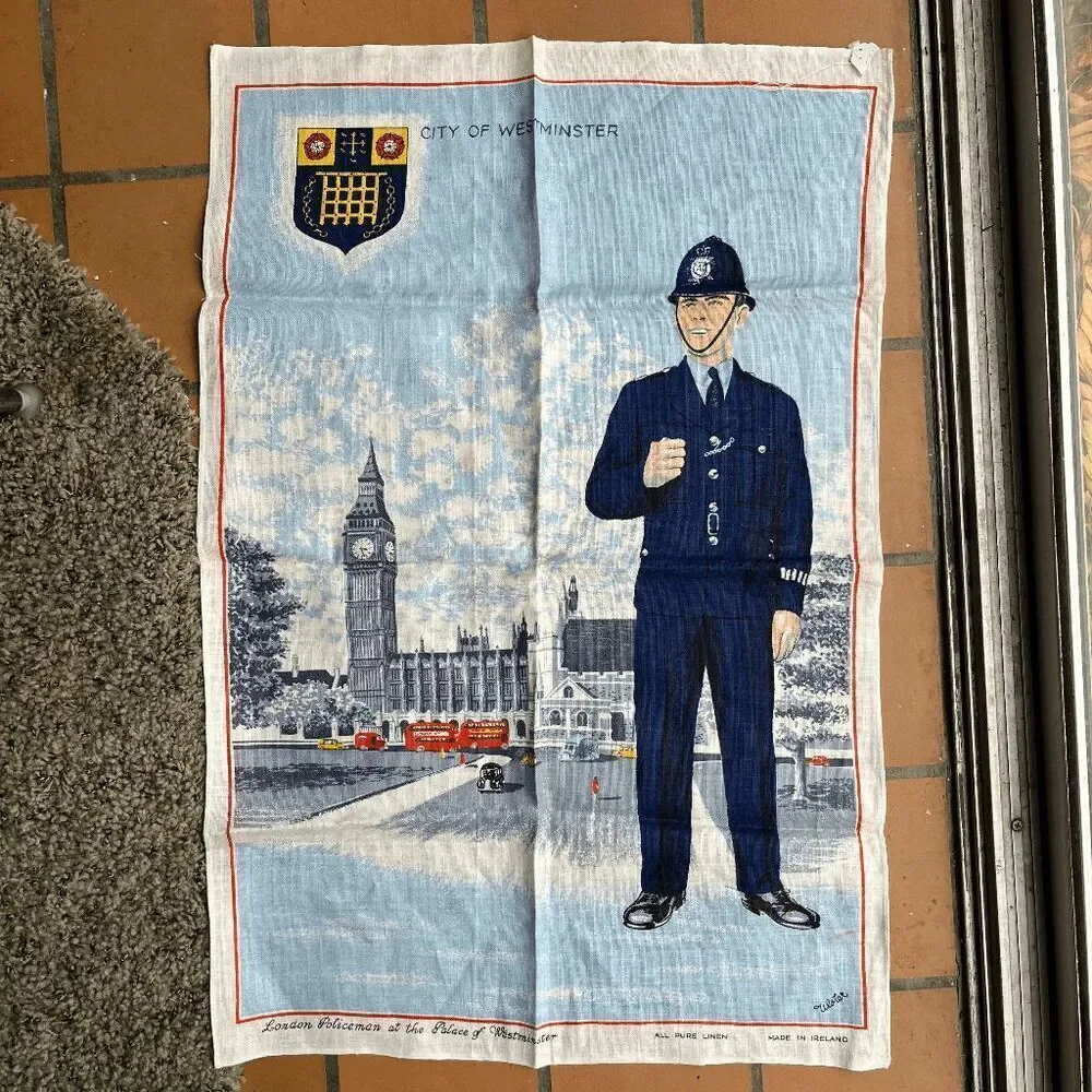 VTG Irish Linen Tea Towel City of Westminster Policeman Big Ben 20x30
